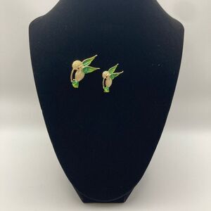 Gerry Vintage Hummingbird Pin Set of 2‎ Gold Tone Green/Yl Enamel Rhinestone